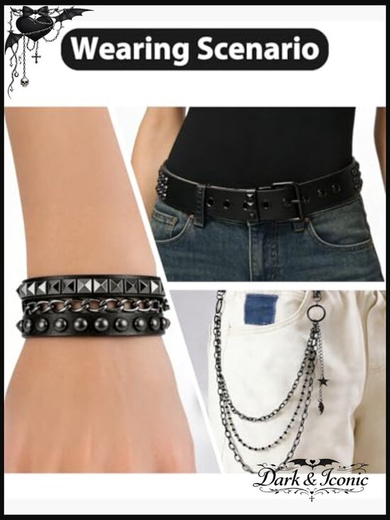 Double Grommet Star Studded Belt with Chains Punk Y2K main image 4